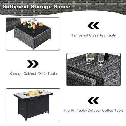 9-Pieces Patio Rattan Furniture Set Fire Pit Table Storage Grey with Cover Black