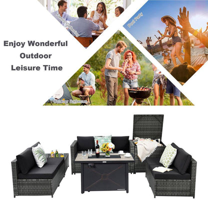 9-Pieces Patio Rattan Furniture Set Fire Pit Table Storage Grey with Cover Black